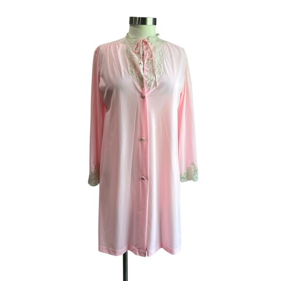 Vintage Van Raalte Nylon Night Gown Bubblegum Pink Lace Overcoat Sz Small - Picture 1 of 7